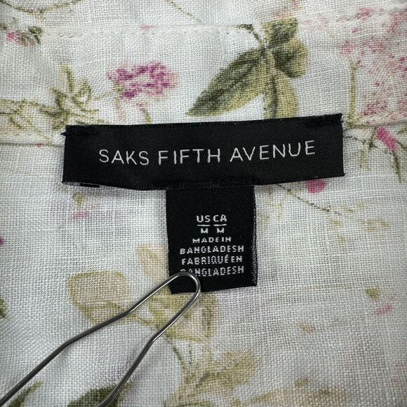 Saks Fifth Avenue Shirt Womens Medium White Floral Linen Button Front Blouse - Picture 5 of 9